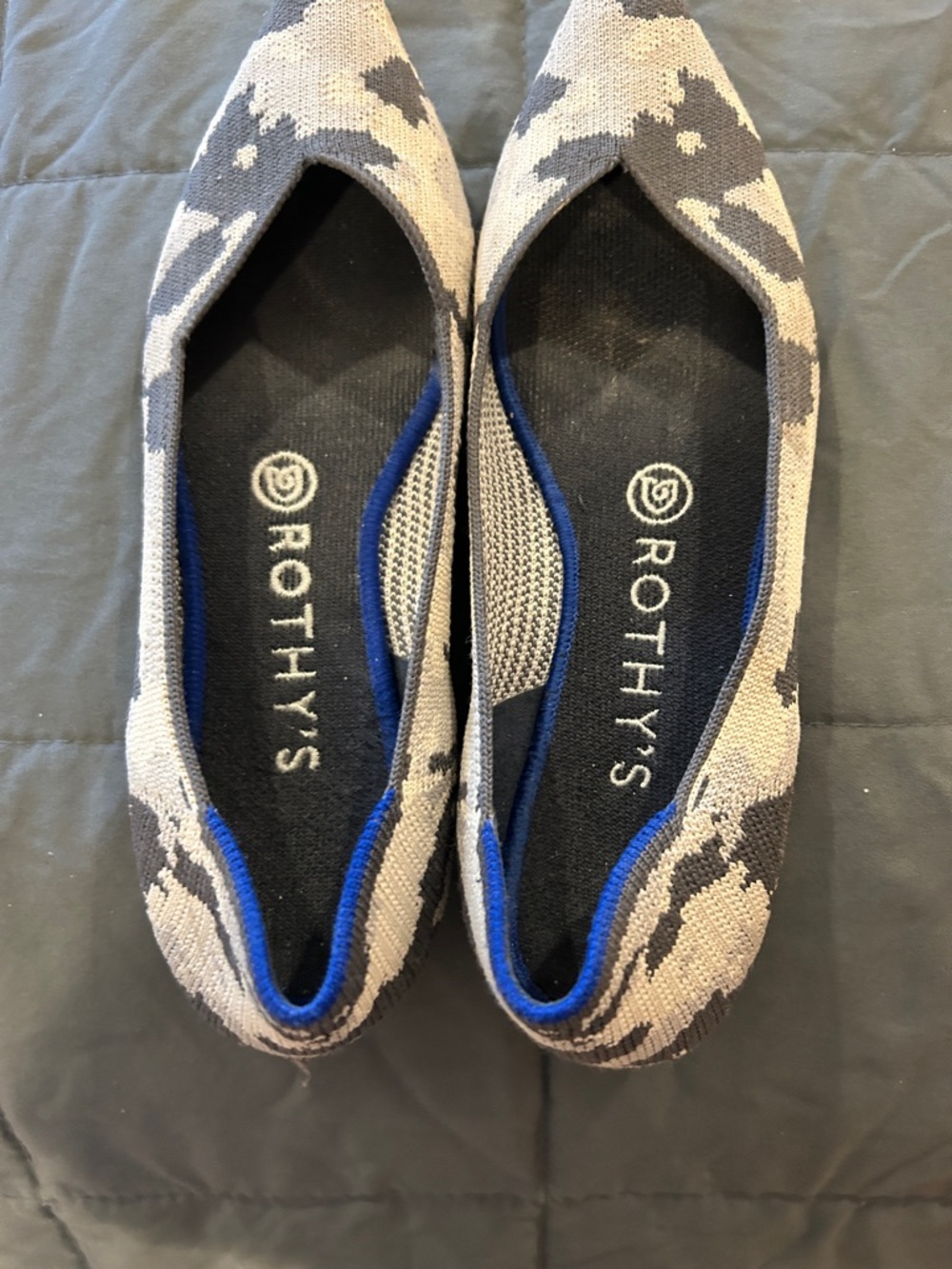 Rothy's Pointed Knit Flats in Gray Camo with Blue Trim